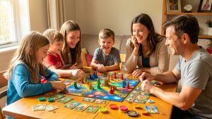 Une famille composée d’enfants, d’adolescents et d’adultes joue joyeusement à un jeu de plateau fantastique coloré autour d’une table lumineuse.