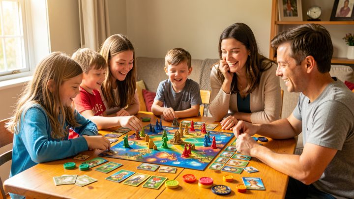 Une famille composée d’enfants, d’adolescents et d’adultes joue joyeusement à un jeu de plateau fantastique coloré autour d’une table lumineuse.