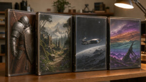 Collection réaliste de boîtiers de jeux de rôle sur une étagère en bois, évoquant des univers de fantasy médiévale et de science-fiction sous une lumière de bureau chaleureuse.