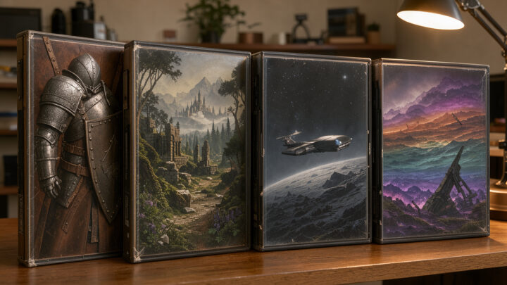 Collection réaliste de boîtiers de jeux de rôle sur une étagère en bois, évoquant des univers de fantasy médiévale et de science-fiction sous une lumière de bureau chaleureuse.