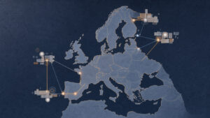 Illustration éditoriale sobre d’une carte stylisée de l’Europe reliée par des lignes lumineuses à quatre studios abstraits situés en Finlande, en France, en Norvège et au Royaume-Uni.