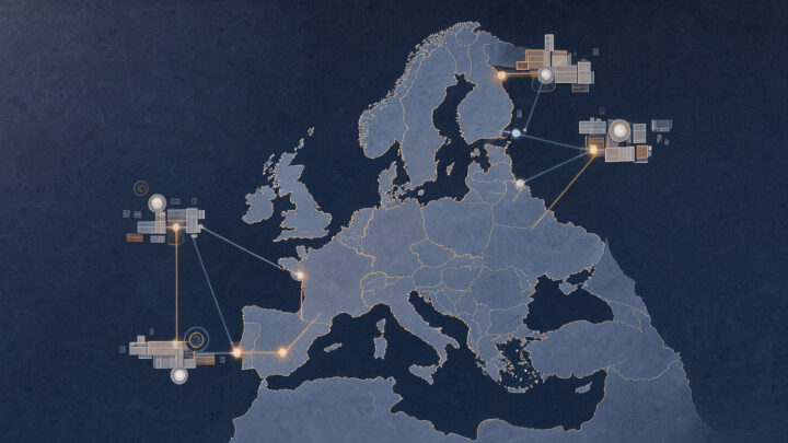 Illustration éditoriale sobre d’une carte stylisée de l’Europe reliée par des lignes lumineuses à quatre studios abstraits situés en Finlande, en France, en Norvège et au Royaume-Uni.