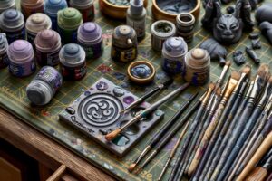 Table de travail avec une figurine miniature, des pinceaux fins et des pots de peinture colorés.