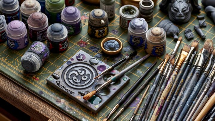 Table de travail avec une figurine miniature, des pinceaux fins et des pots de peinture colorés.