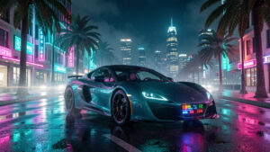 Vue nocturne d’une ville côtière fictive illuminée par des néons, avec une voiture sportive circulant entre des palmiers et des reflets colorés sur la chaussée.
